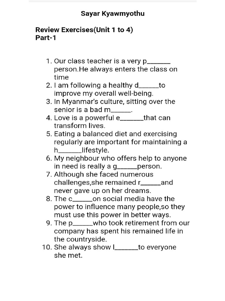 Initial Words Unit 1 To 4 Review Exercises Pdf