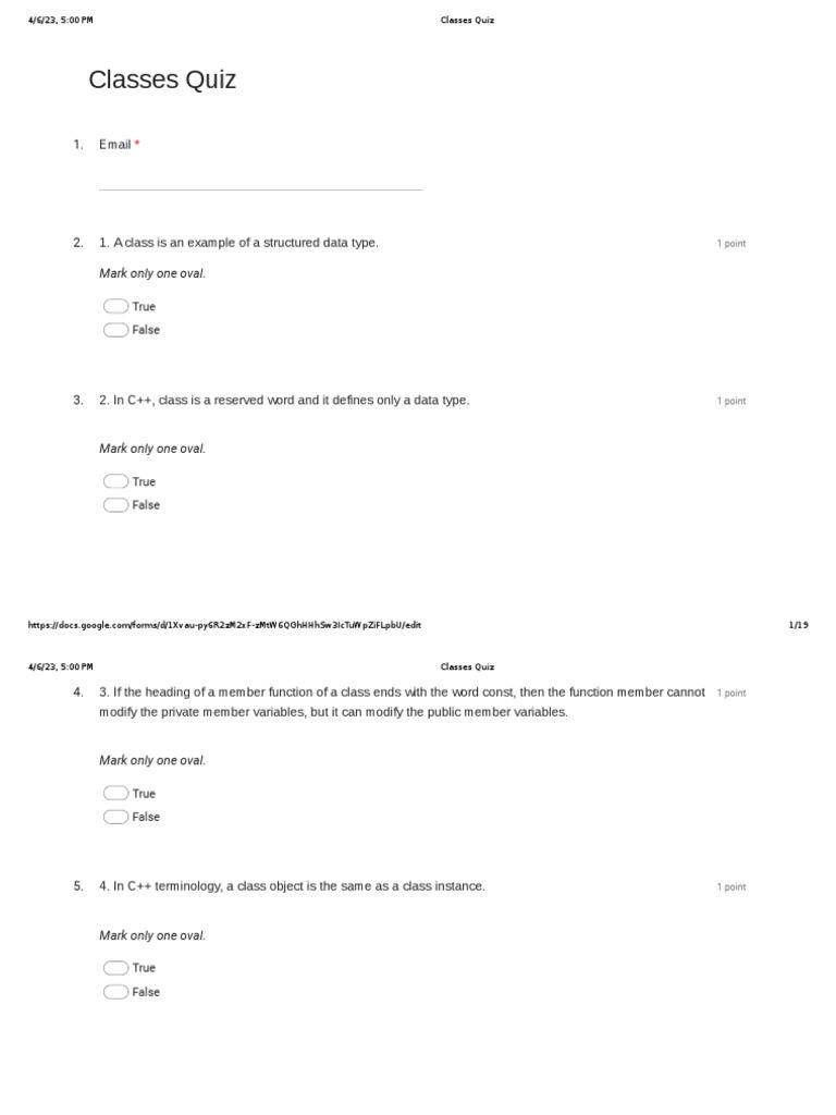 Classes Quiz (CS) | PDF