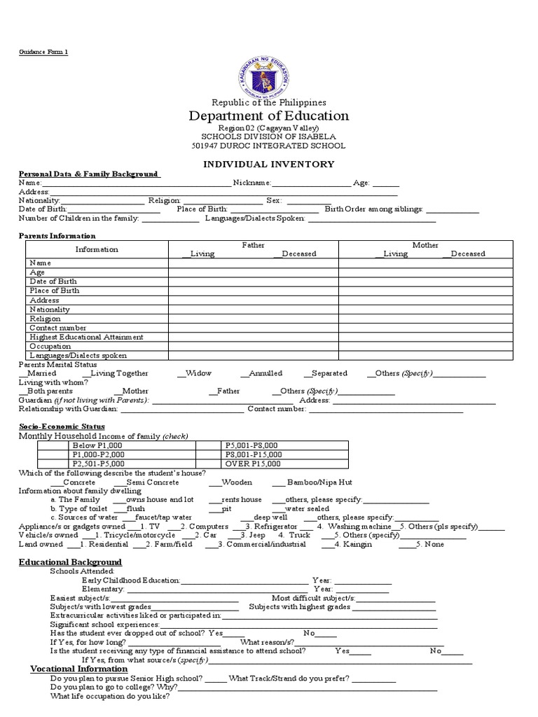 Individual Inventory Form PDF Disability Behavioural Sciences