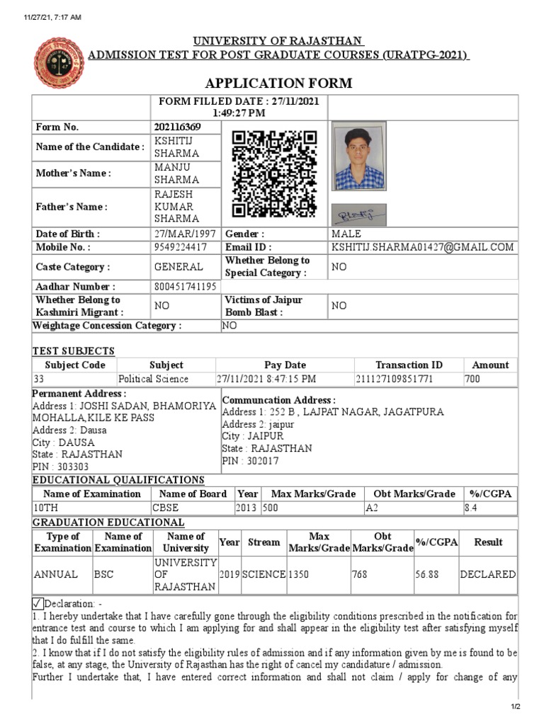 Application Form: University of Rajasthan Admission Test For Post ...