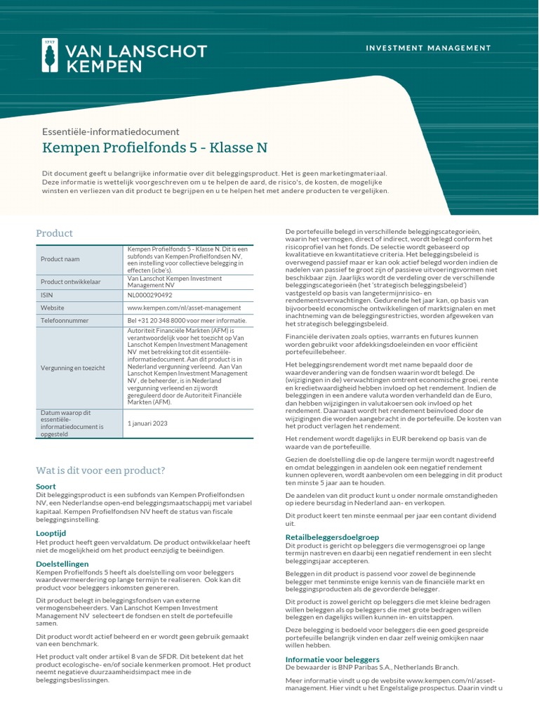 Essentiële-Informatiedocument Kempen Profielfonds 5 | PDF