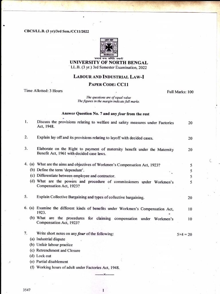 LL.B 3 Yr-Iii (Labour and Industrial Law) - CC11 | PDF