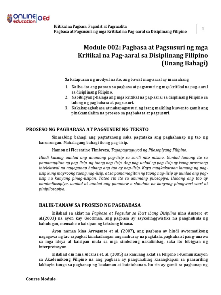 Module 002 Pagbasa At Pagsusuri Ng Mga Pdf