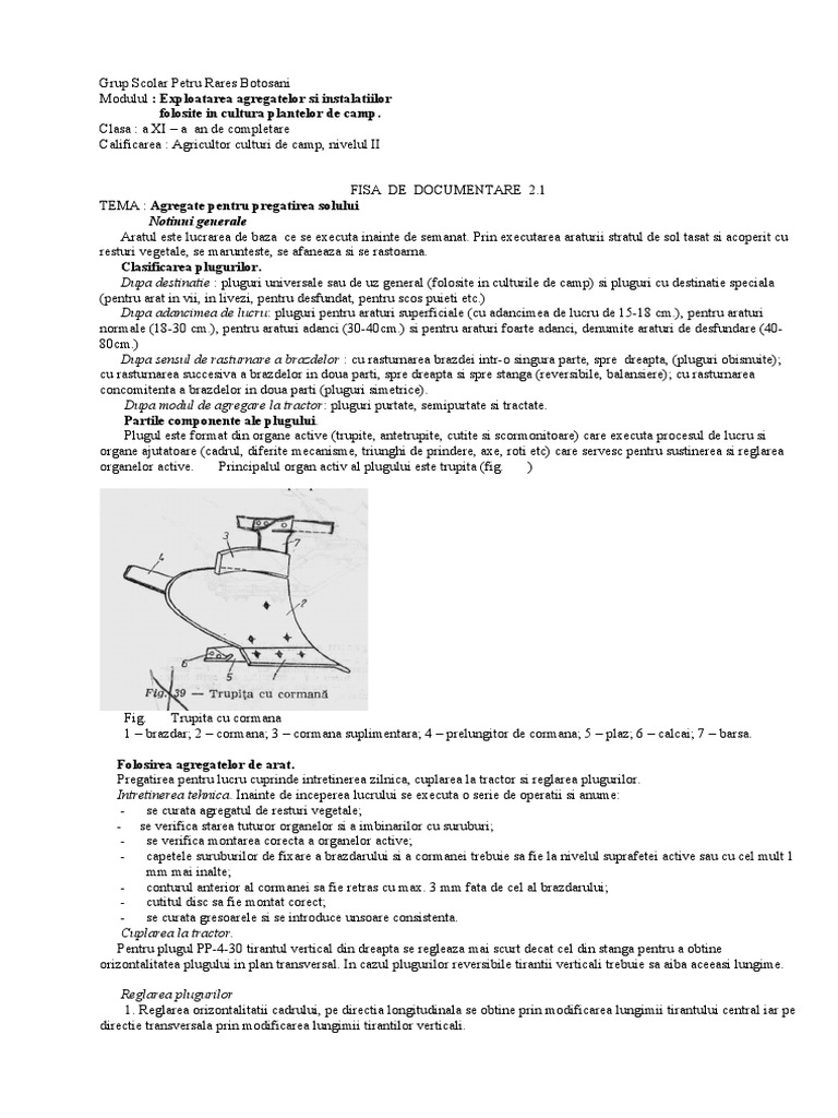 Fisa Doc 2.1 Plugul - Parti Componente Si Reglaje | PDF