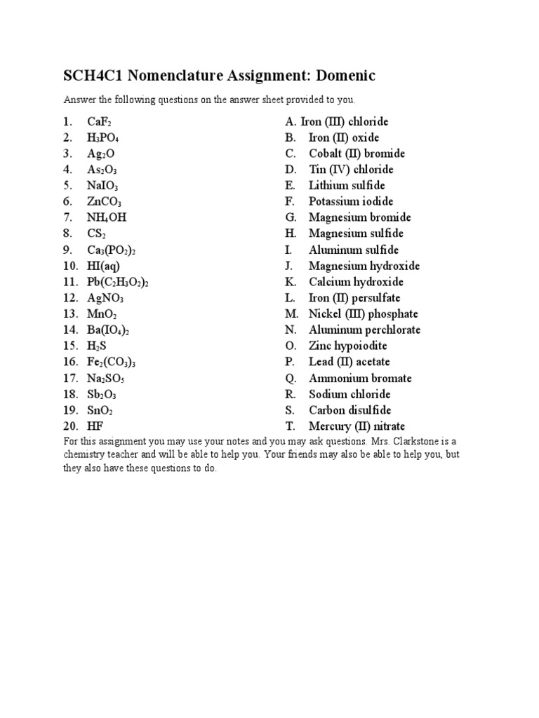 Nomenclature Review Assignment PDF Hydroxide Zinc