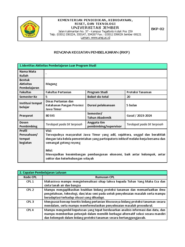 RKP Magang Proteksi Tanaman Genap 23241 | PDF