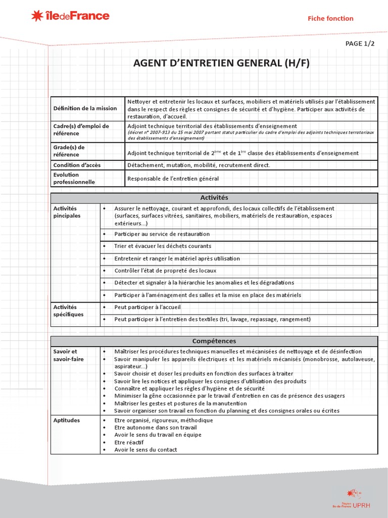 Fiche de poste : Agent d'entretien général | PDF