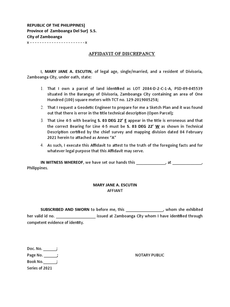 Affidavit of Discrepancy in Land Title | PDF
