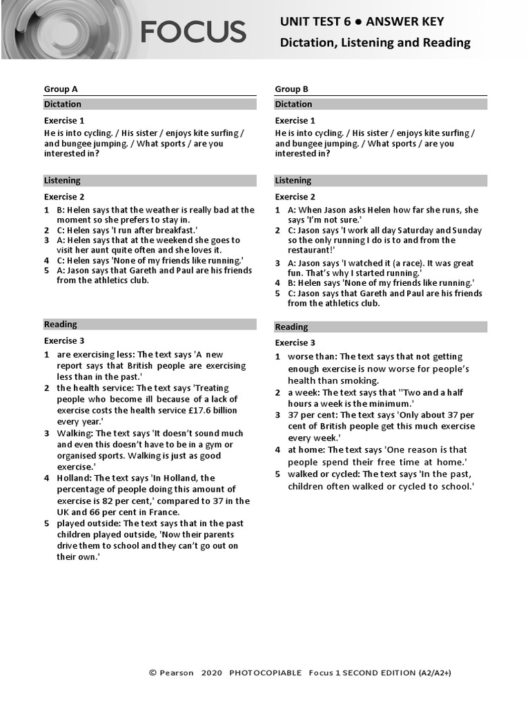 Focus 1 Unit 6 Test Answer Key | PDF