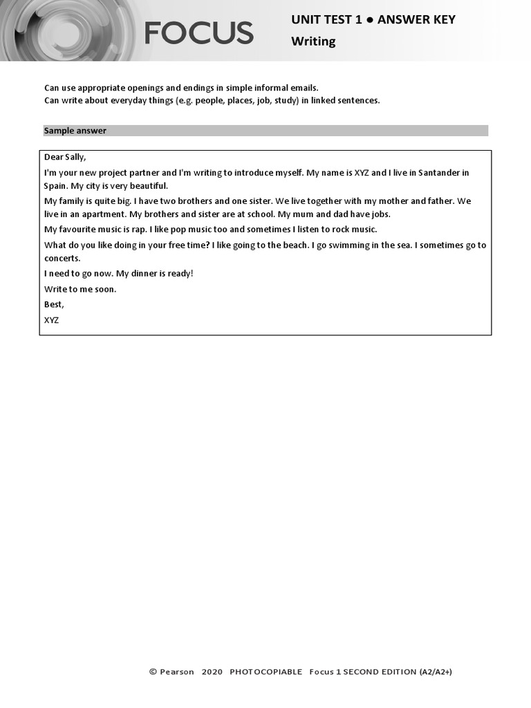 Focus 1 Unit Test 1 Answer Key | PDF | Accuracy And Precision | Grammar