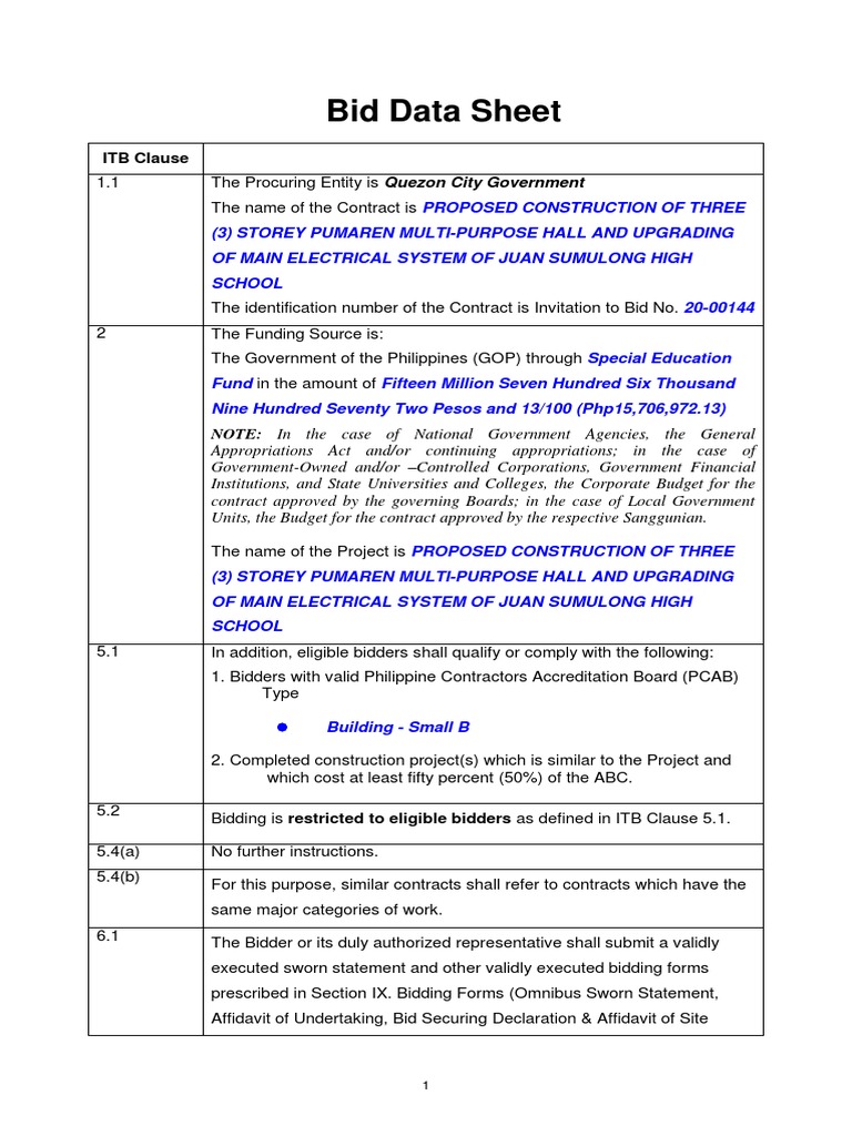 Quezon City Bid Data Sheet for Hall Project | PDF | Insurance | Bonds ...