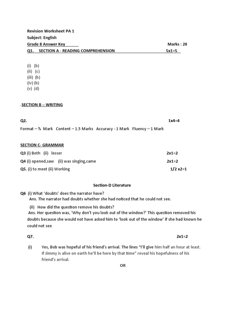 Grade 8 English Revision Worksheet Key | PDF