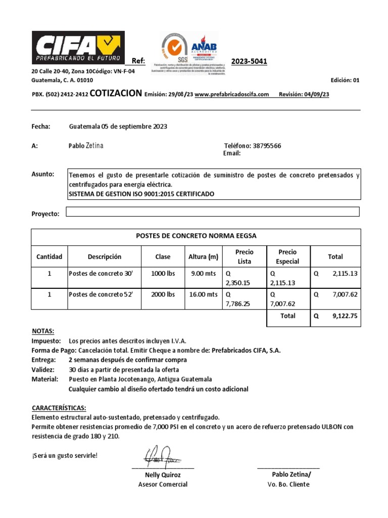 Cotización de Postes de Concreto CIFA | PDF