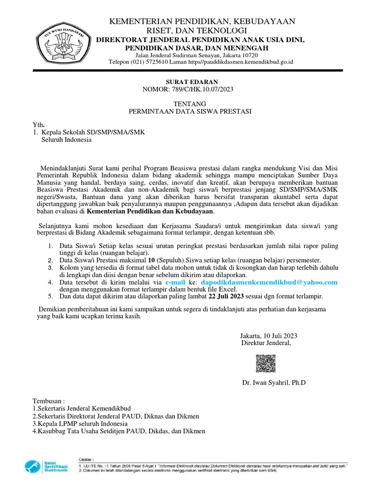 Surat Edaran Direktorat Jenderal Pendidikan Anak Usia Dini Pendidikan