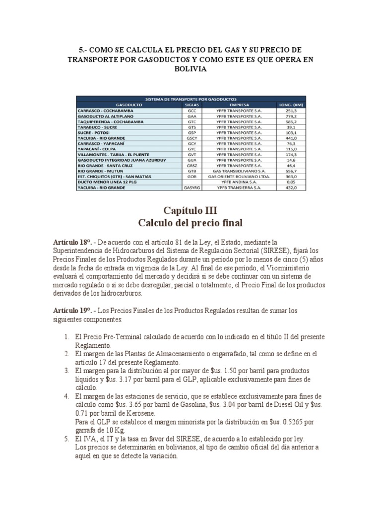 Cálculo del Precio del Gas en Bolivia | PDF | Transporte | Bolivia
