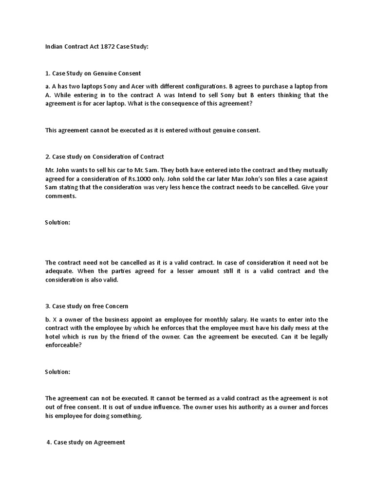 Case Studies on Indian Contract Act | PDF | Breach Of Contract ...