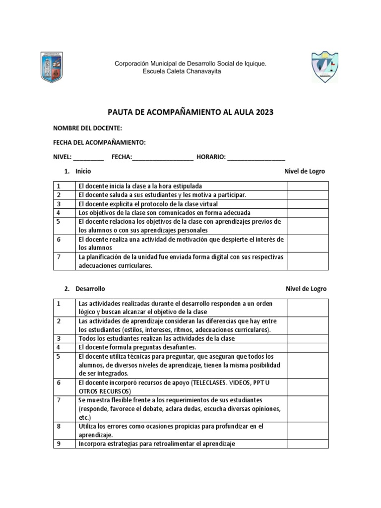 Pauta de Acompañamiento Al Aula 2023 | Descargar gratis PDF | Salón de ...