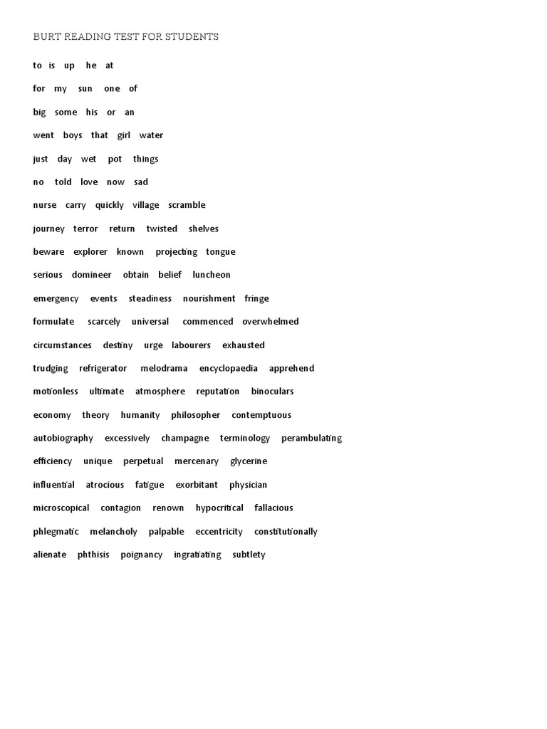 BURT READING TEST Q and A Sheets | PDF