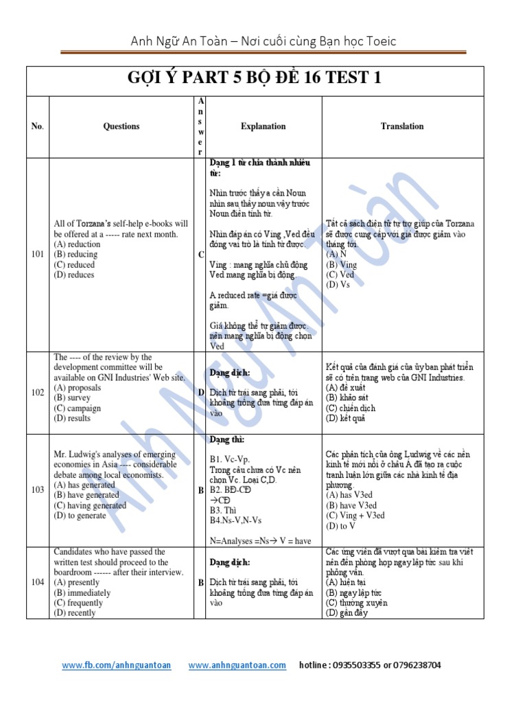 Gợi ý Bộ Đề 16 Test 1 Part 5 | PDF