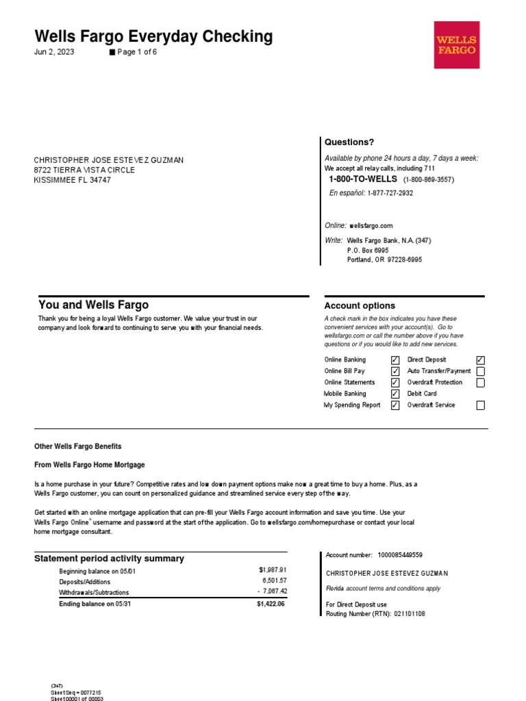 Bank Statement 0501 To 05312023 PDF Overdraft Wells Fargo