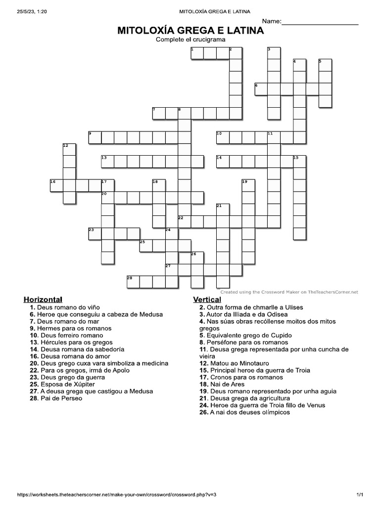 Crucigrama Mitología Griega Latina PDF