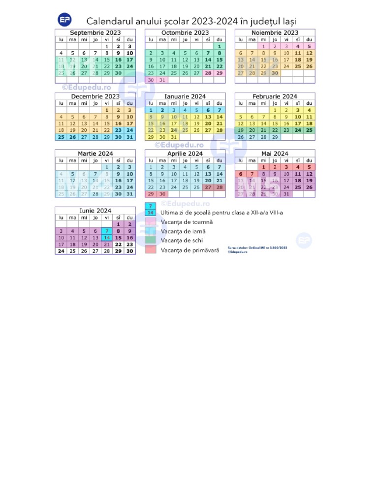 Calendarul Anului Scolar 2023 2024 Iasi | PDF