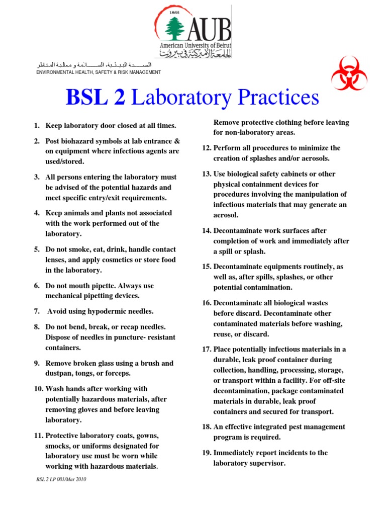 BSL2 Laboratory Practices PDF Laboratories Safety