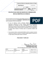 PLT-SST-010 PolÃ¿Â - Tica de No Uso de Equipos de ComunicaciÃ¿Â N Moviles Mientras Se Conduc