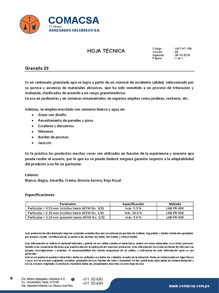 Granalla Blanca de COMACSA en Perú | PDF | Materiales