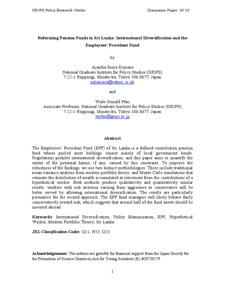 Reforming pension funds in sri lanka international diversification and