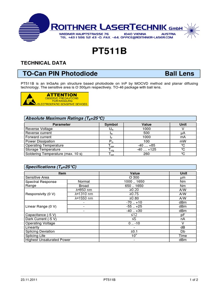 Ball Lens Photodiode PT511B Data | PDF | Metrology | Physical Quantities
