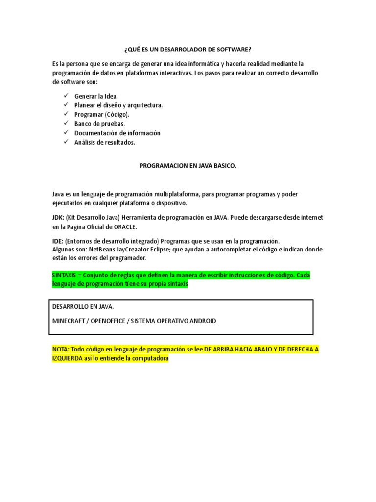Desarrollo de Software y Java Básico | PDF | Lenguaje de programación ...