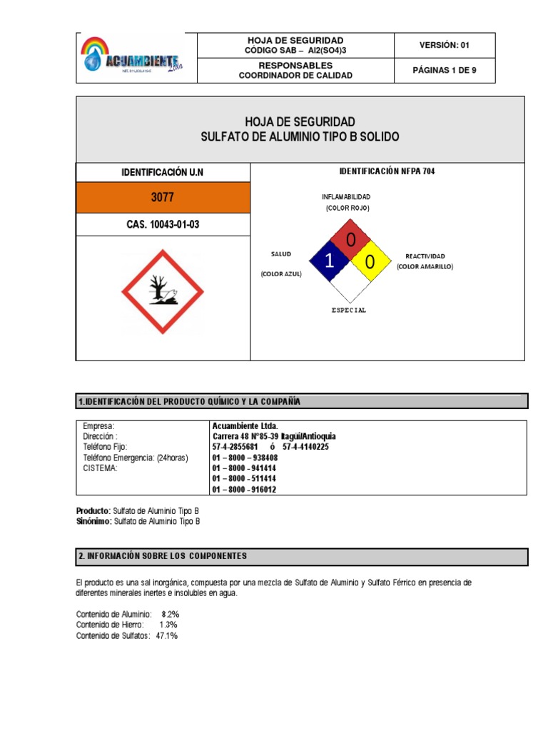 Sulfato de Aluminio - Hoja de Seguridad | Descargar gratis PDF | Agua ...
