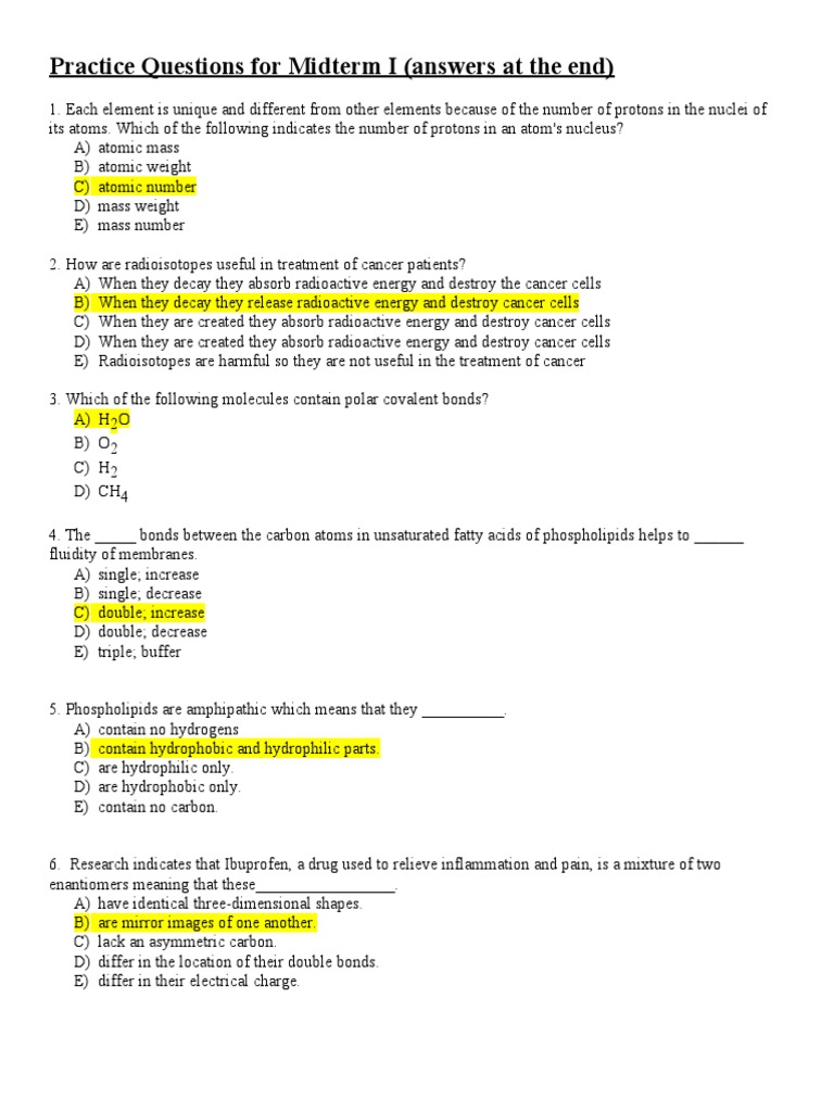 Midterm I Practice Questions and Answers | PDF | Cell Membrane ...