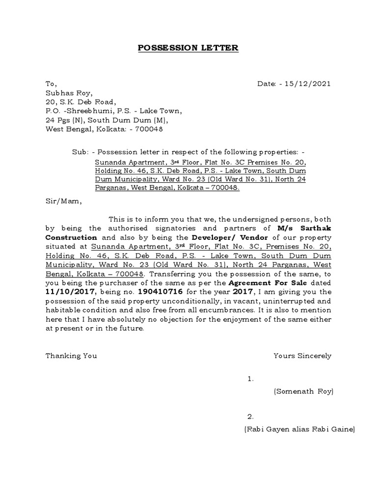 Possession letter a4 pdf