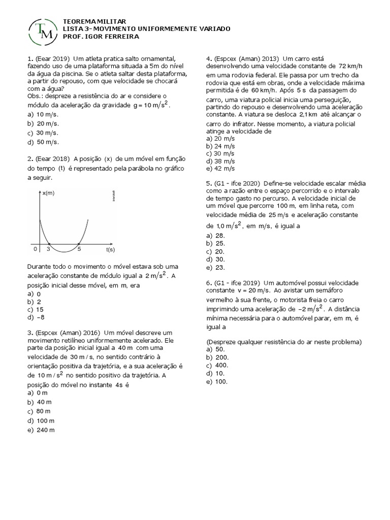 Questões sobre Movimento Uniformemente Variado | PDF | Velocidade ...