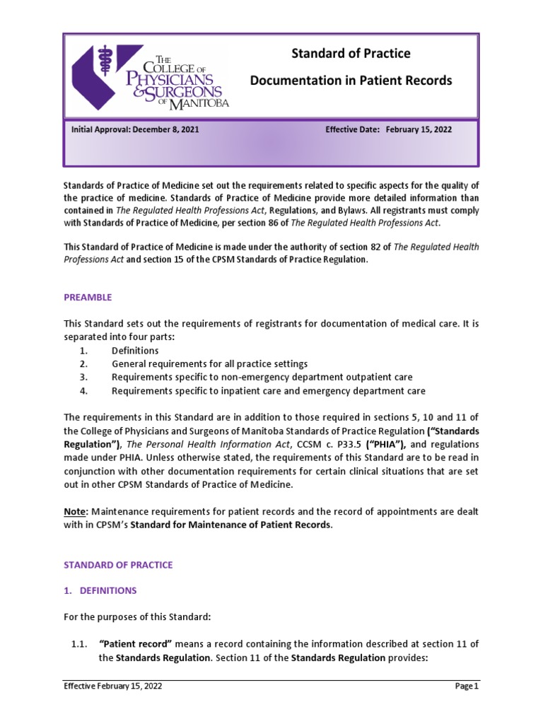 Standard of practice documentation in patient records pdf medical