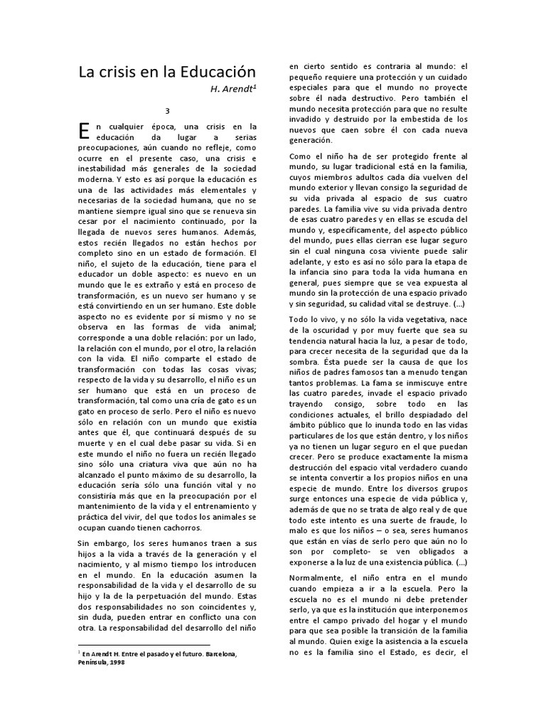 ARENDT La crisis de la educación PDF Familia Vida