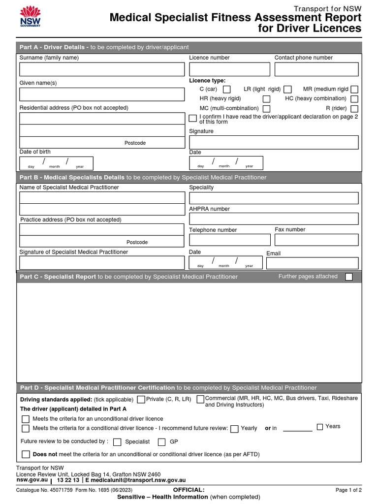 Medical Specialist Fitness Assessment Report Driver Licence PDF