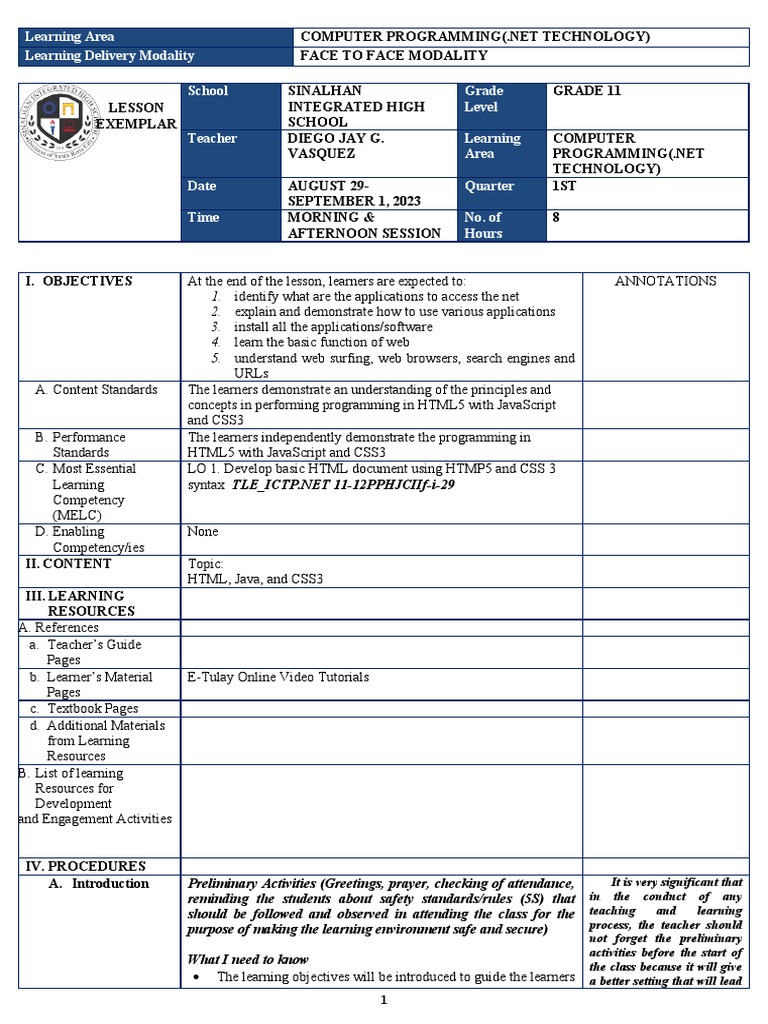 Grade 11 .NET Programming Lesson Plan | PDF | Learning | World Wide Web