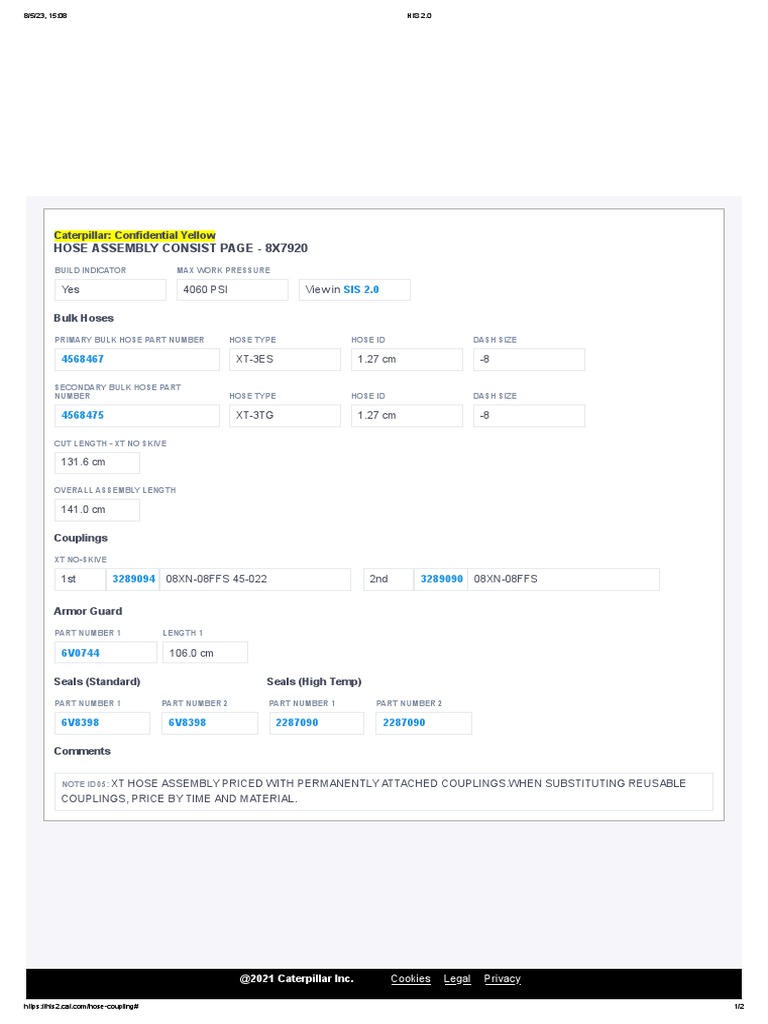 Hose Assembly Consist Page 8X7920 Caterpillar Confidential Yellow PDF