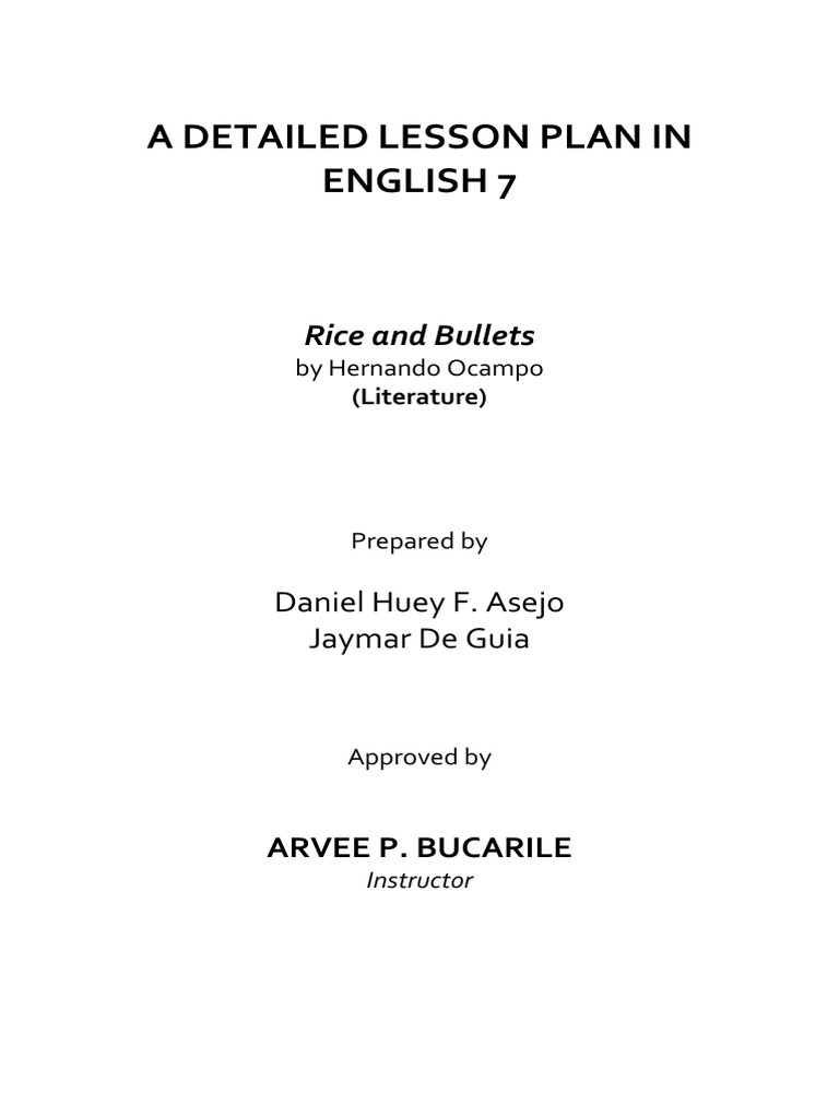English 7 Lesson Plan: Rice and Bullets | PDF | Lesson Plan ...