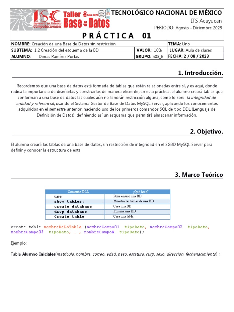 A01. Práctica 01. Creacion de Una BD | PDF | Bases de datos | Mi sql