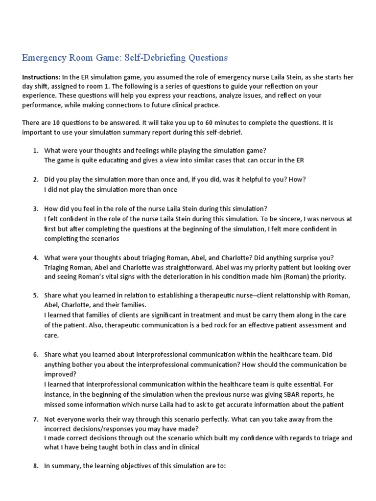 Er Game Self Debrief Pdf Simulation Nursing