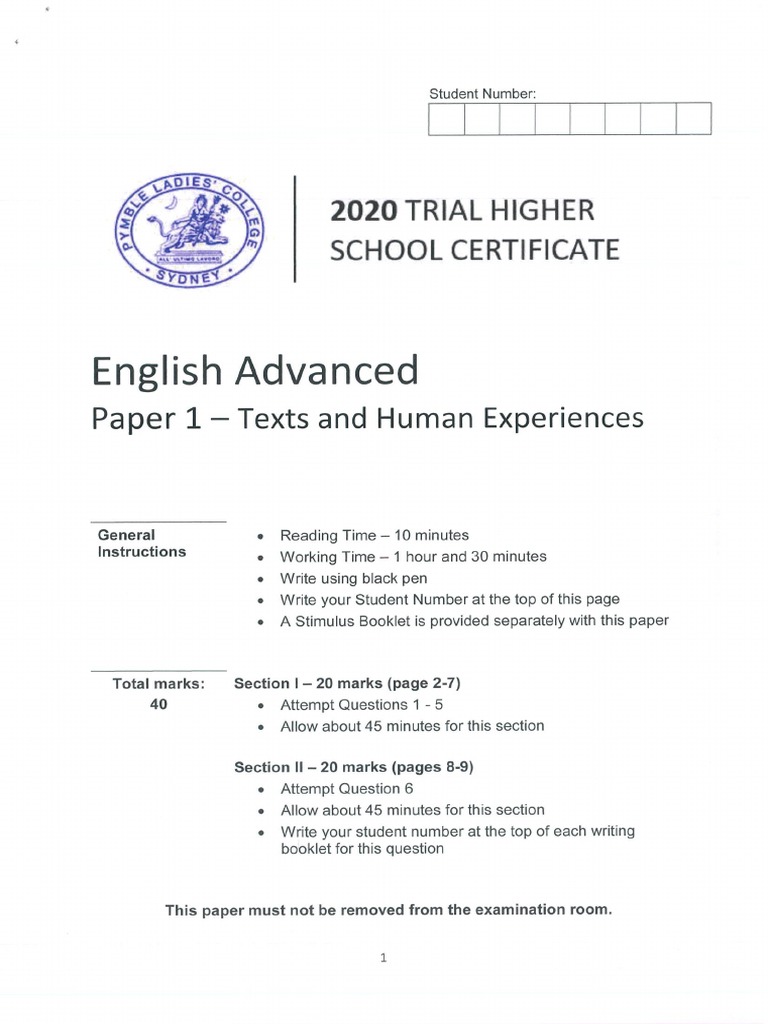 Pymble 2020 English Trial Paper 1 | PDF