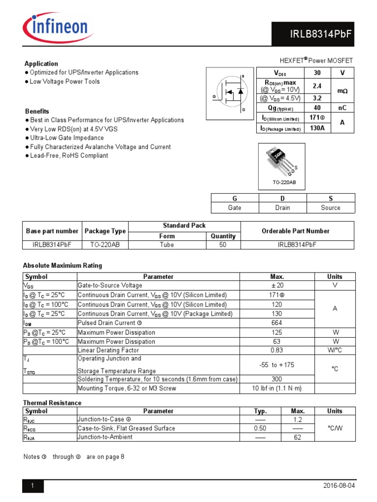 Irlb 8314 PBF | PDF | Field Effect Transistor | Mosfet