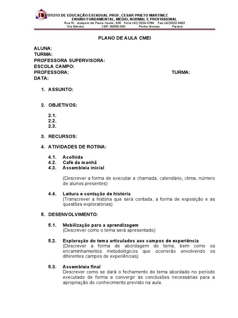 Modelo de Plano de Aula CMEI | PDF | Carreira e Crescimento