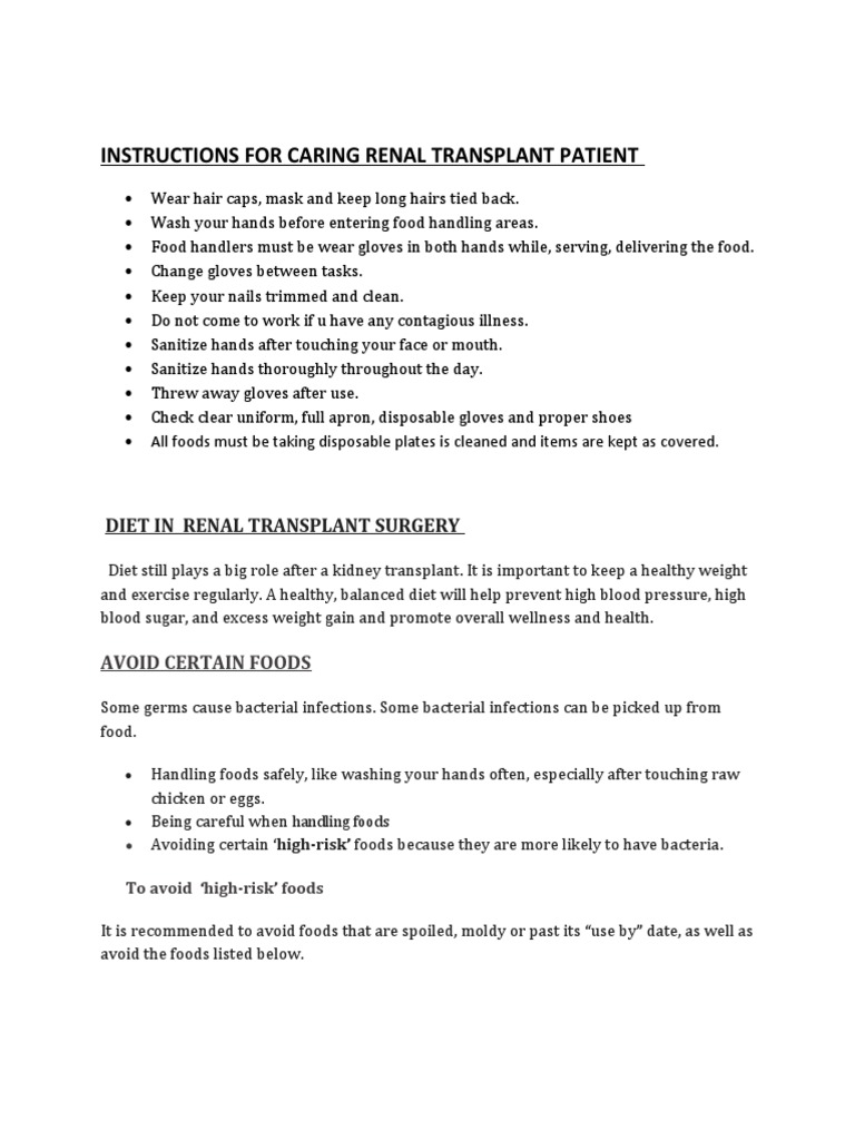 Diet For Renal Transplant Patient PDF Kidney Transplantation Food