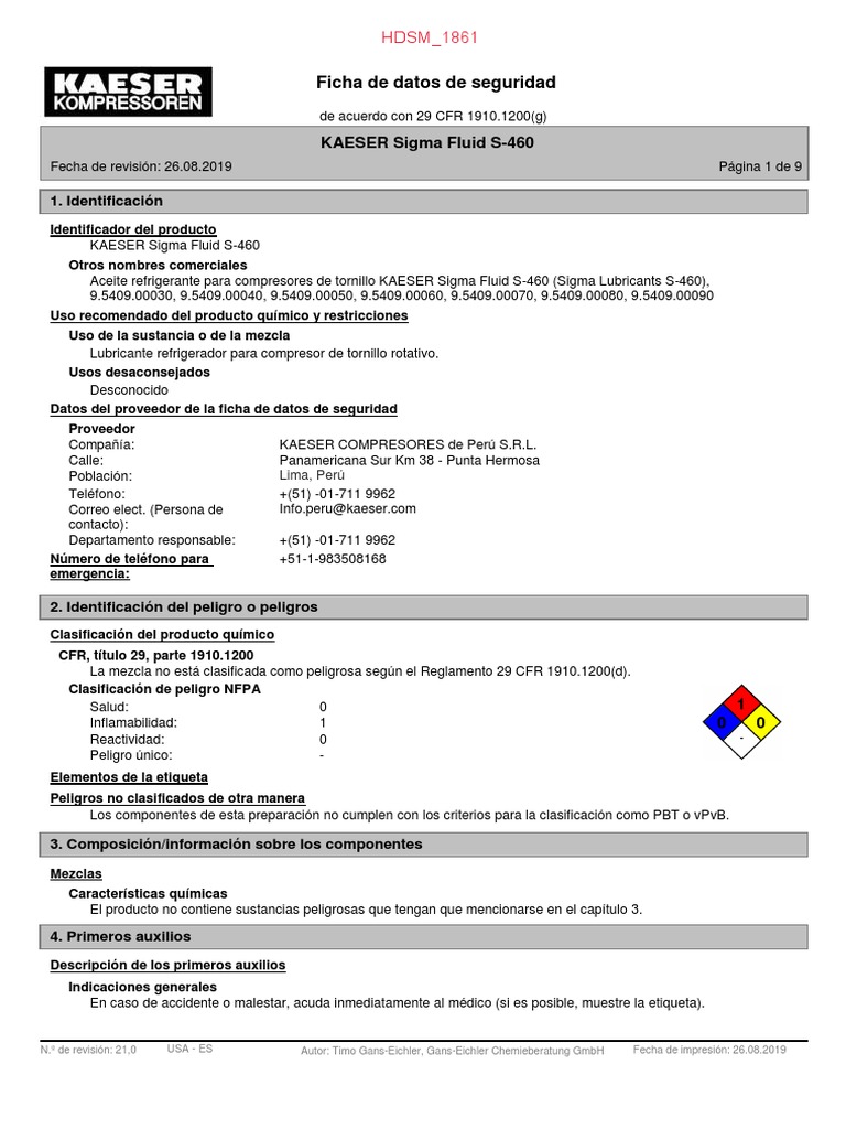 Ficha de Seguridad Kaeser Sigma Fluid S460 PDF Agua Química Física