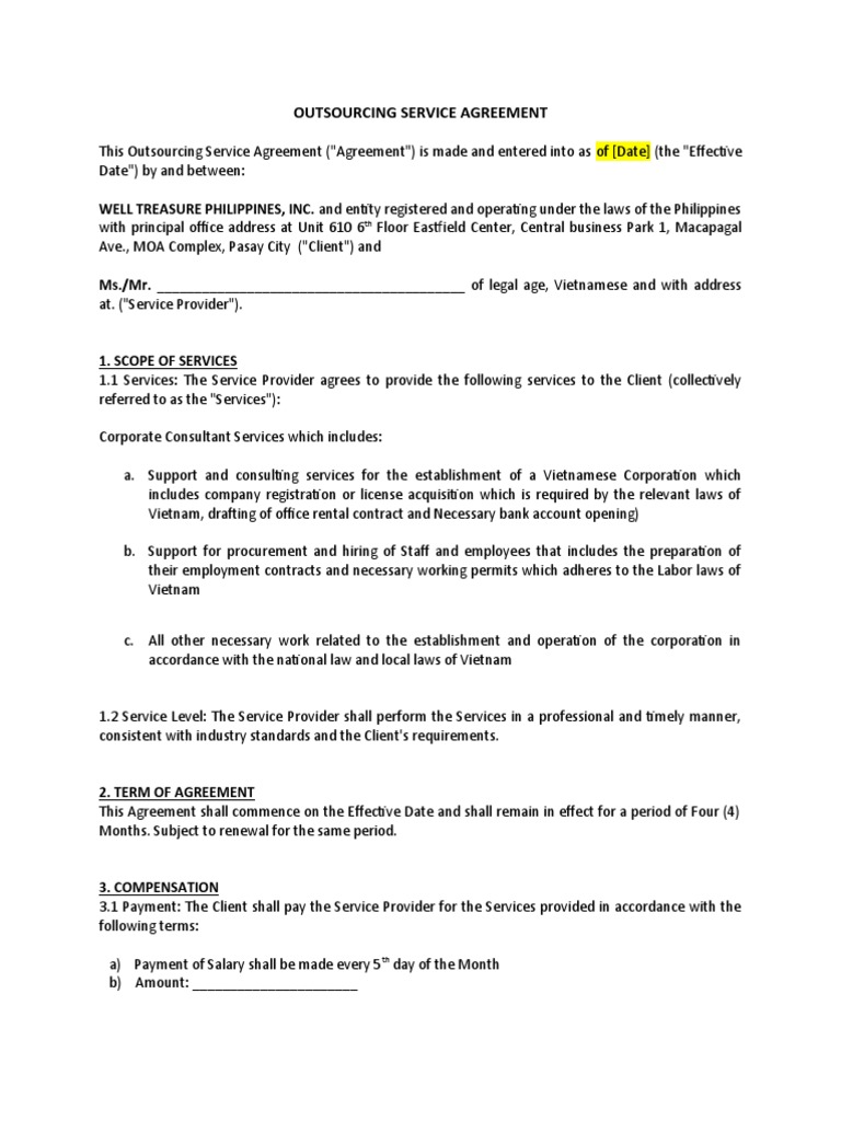 Draft Outsourcing Service Agreement PDF Non Disclosure Agreement